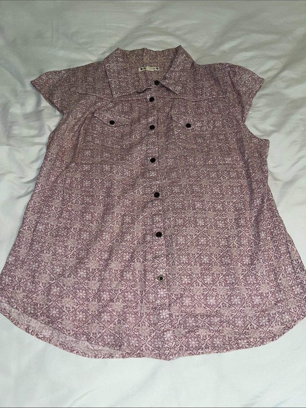 Ruff Hewn Sleeveless Button Front Women’s Top in Dusty Mauve Print Sz L